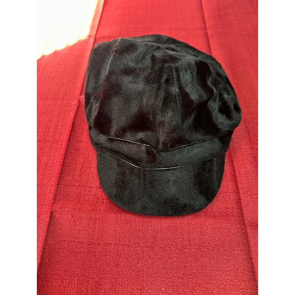 Black Faux Fur Newsboy Cap Vintage Style Baker Boy Hat with Piping Detail